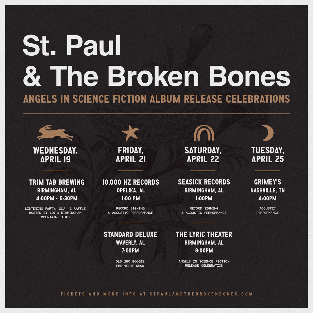 StP_BrokenBones's tweet photo. The release of our new album 'Angels In Science Fiction' is upon us, and we've got a jam-packed release week! We'll stop at @TrimTabBrewing, 10000 Hz Records, @StandardDeluxe, @seasickbham, @LightUptheLyric, and @Grimeys! More info: https://t.co/DfwhPq6sfs https://t.co/sxSyymnPtM