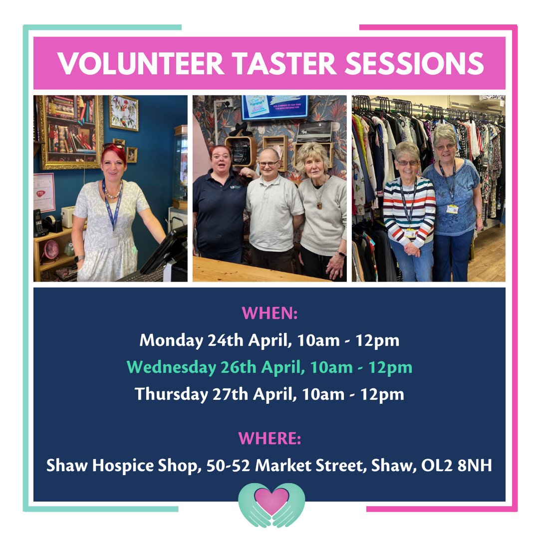 KershawsHospice's tweet photo. Are you interested in volunteering but unsure if a retail role suits you?

Join us for a taster session at our newly refurbished Shaw Shop, meet some of the team and give some retail tasks a go before committing to volunteering. 

No need to book, just turn up on the day! https://t.co/WMn4q7G1Q4