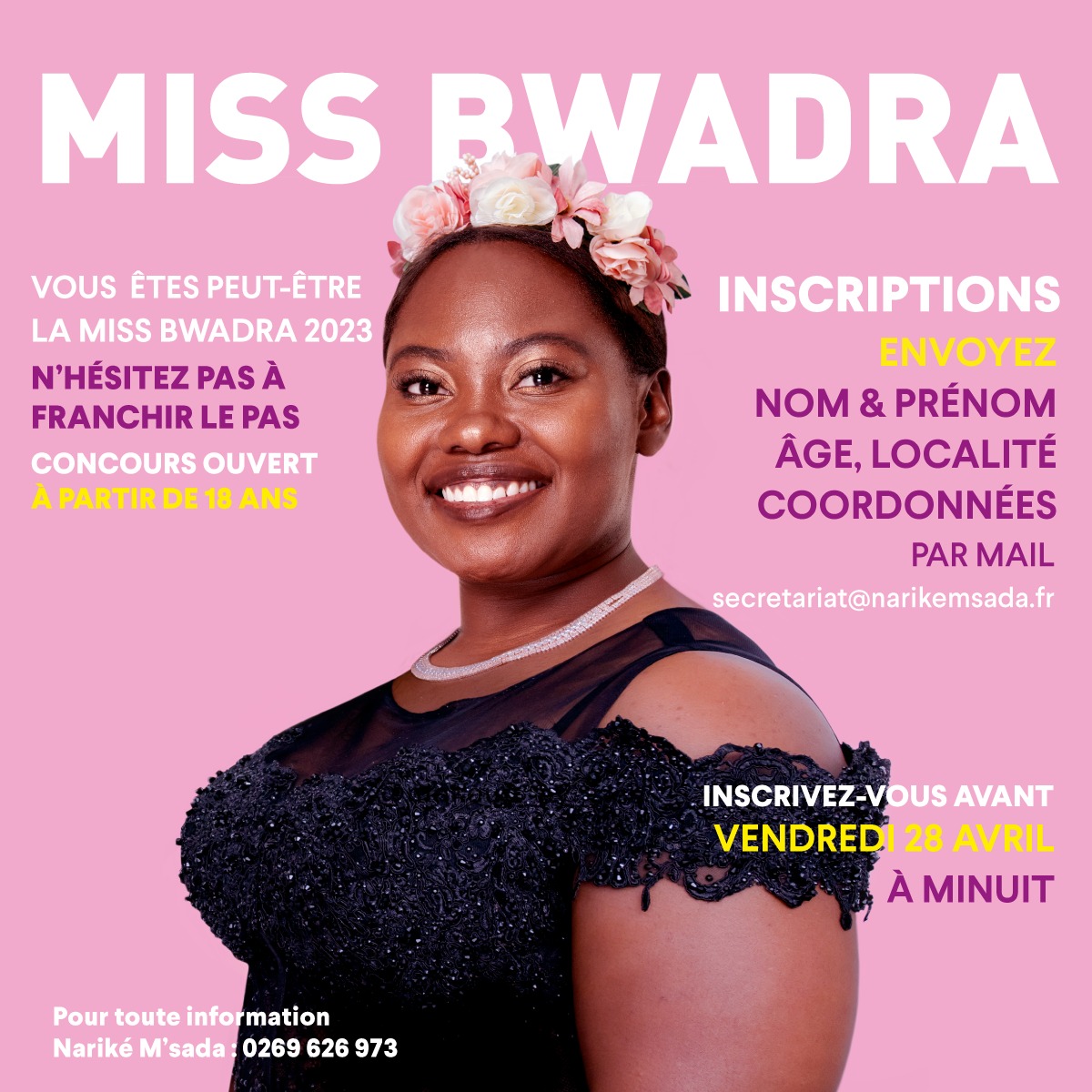 Moncefone's tweet photo. 🟪 Miss BWADRA revient pour le Samedi 3 juin. 

N'hésitez pas à franchir le pas. 🎉🎊
Vous pouvez vous inscrire en envoyant un mail à : secretariat@narikemsada.fr
__ https://t.co/U4dekemrt2