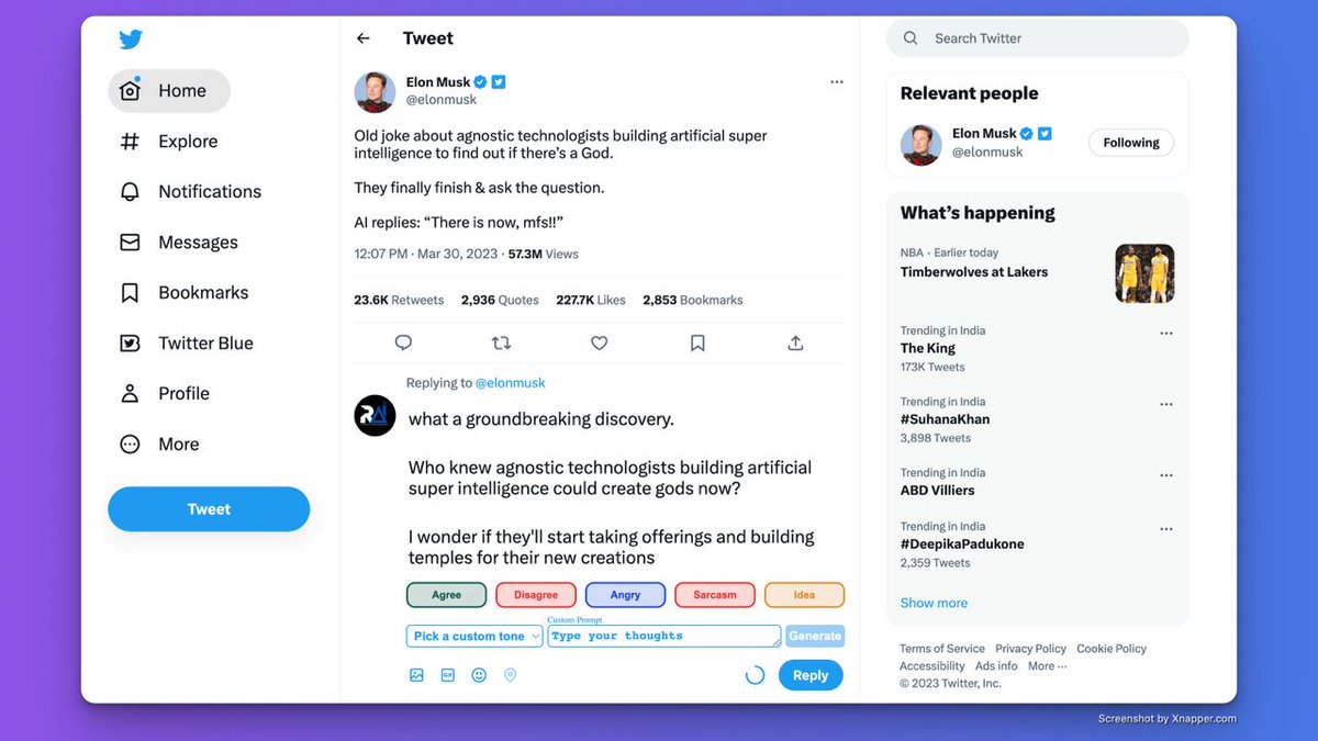 Reacti_Ai's tweet image. See how easy it is to generate a personalized response on Twitter with React.ai! 

We used a sarcastic tone to reply to @elonmusk &apos;s tweet with just one click.

Try it out and boost your engagement on Twitter
