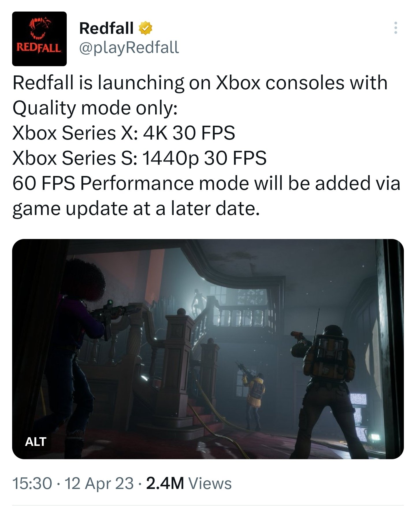 NIB on X: Not too bothered about #Redfall being only 30fps, but it's  surprising as; 1. It's a first party game releasing on the world's most  powerful console (lol). 2. It doesn't