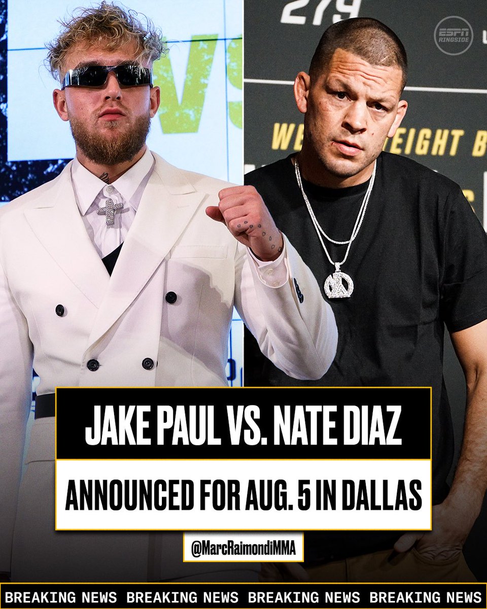 ESPNRingside's tweet photo. Jake Paul’s next boxing match will be against Nate Diaz, DAZN Boxing announced. (h/t @MarcRaimondi) 

The 185-pound bout will be Diaz's first fight out of the UFC in 15 years. https://t.co/QS7HQ3sY6e