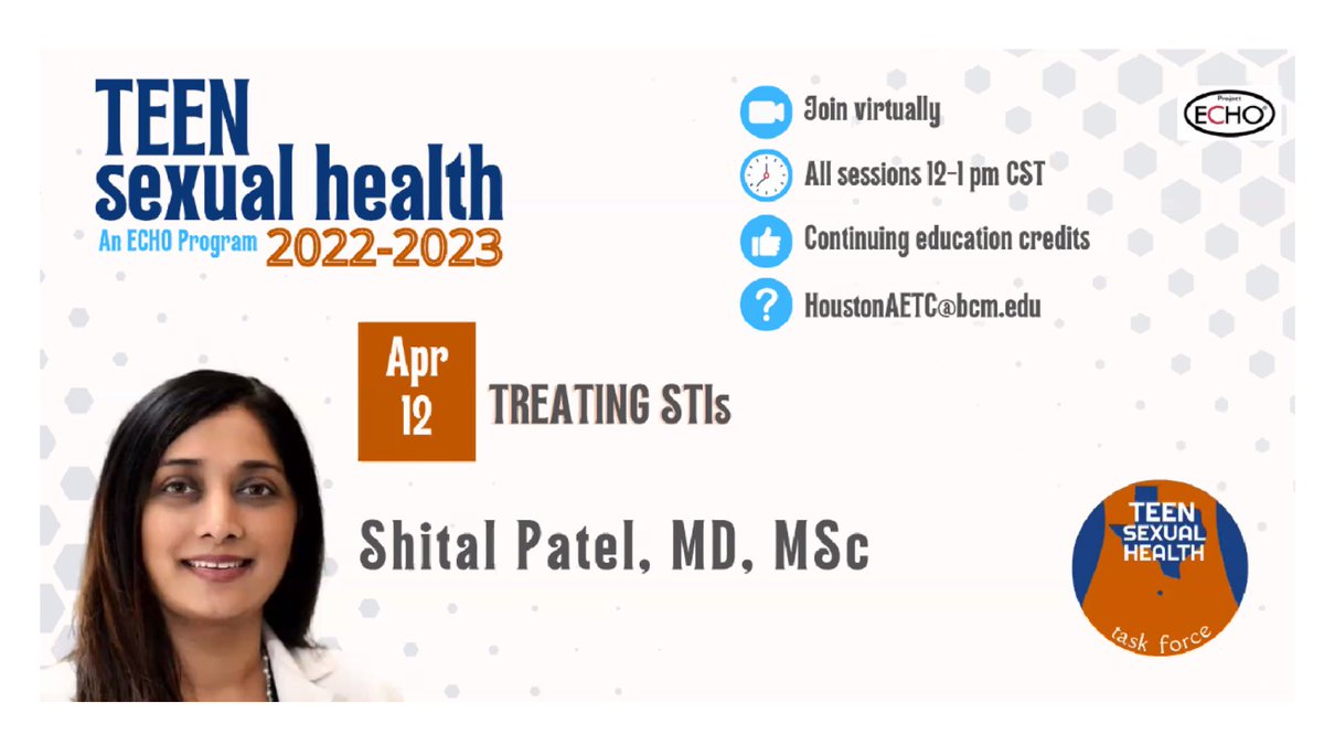 HoustonAETC's tweet image. Getting ready to start our @ProjectECHO session for teen #SexualHealth.  

Today Dr. @ShitalPatelMD from @BCMDeptMedicine will be discussing the treatment of STIs.

#STIAwarenessWeek #STIAwareness