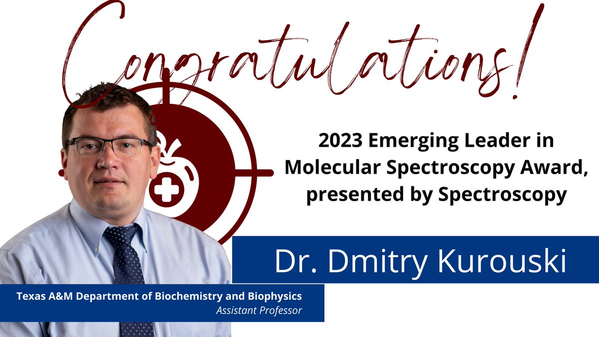 Congratulations to @DKurouski for being awarded the 2023 Emerging Leader in Molecular Spectroscopy, by @SpectroscopyMag! Dr. Kurouski is an Associate Member with the IHA, & Assistant Prof with @TAMUBCBP. Check out the links below 👇🏼
kurouskilab.com
iha.tamu.edu/associate_affi…