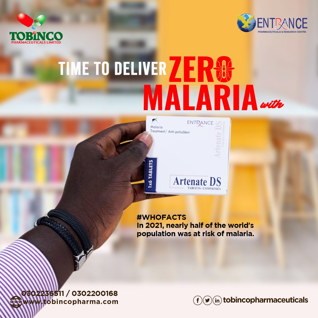 Tobincopharmacy's tweet photo. Time to deliver #zeromalaria with ARTENATE DS 💊
#WHOFACTS: In 2021, nearly half of the world's population was at risk of malaria.
#zeromalariastartswithyou #malaria #tobinco #entrance #madeinghana https://t.co/ySUB5Yi3Vy