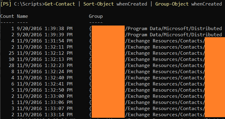 SamErde's tweet image. Was surprised to find a bunch of Exchange contact objects with a 'whenCreated' attribute changed at the same time. Curious if a migration event or CU triggered a bulk change here. Has anyone else ever seen this happen? #ExchangeServer