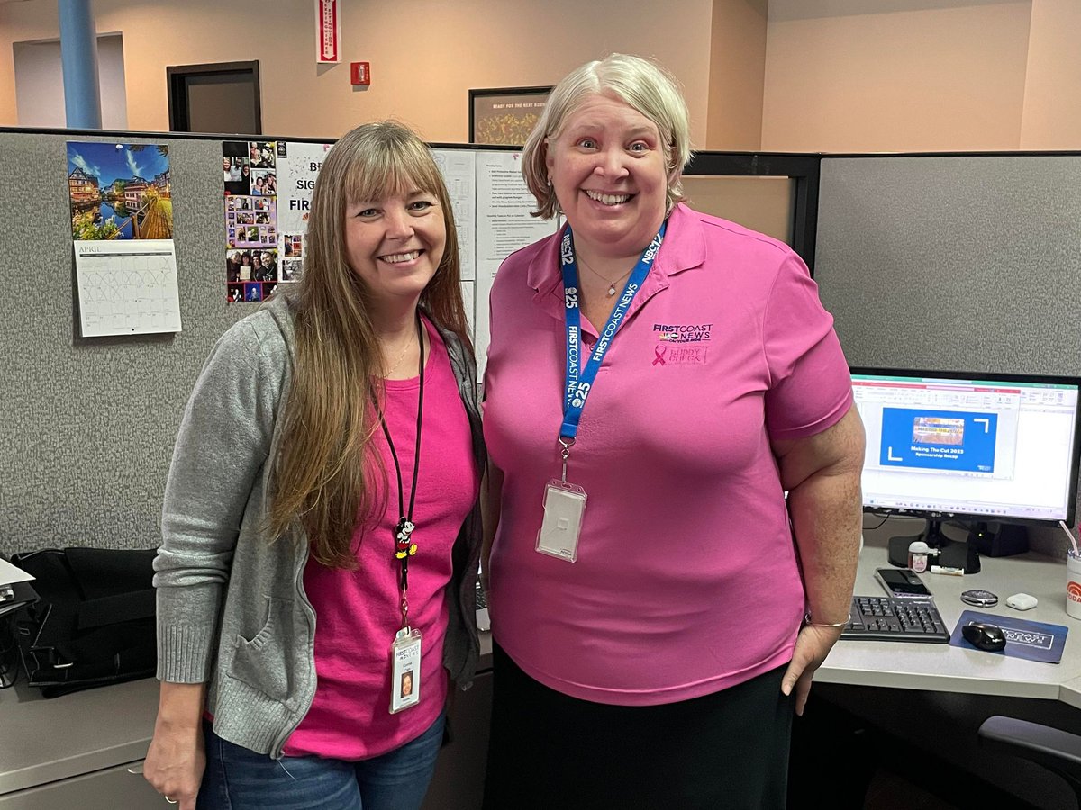 FCN2go's tweet photo. First Coast News employees got the memo, we're wearing pink for Buddy Check Day! Here's your reminder to check in with your buddy and do your self exam! https://t.co/Okdb6BBHWN