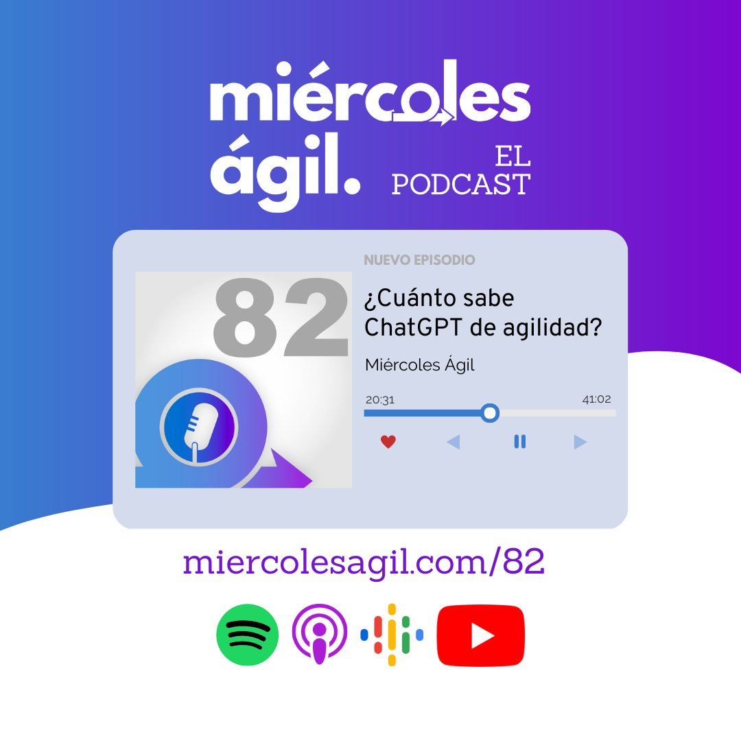 miercolesagil's tweet photo. 🎧 ¡Nuevo episodio!
💬 #82 -¿Cuánto sabe ChatGPT de agilidad?
🔗 https://t.co/DzFNbYYqeu

En este episodio le preguntamos a ChatGPT sobre conceptos básicos y no tan básicos de agilidad y analizamos sus respuestas.

#agile #agility #agil https://t.co/EYFYf2k0cP