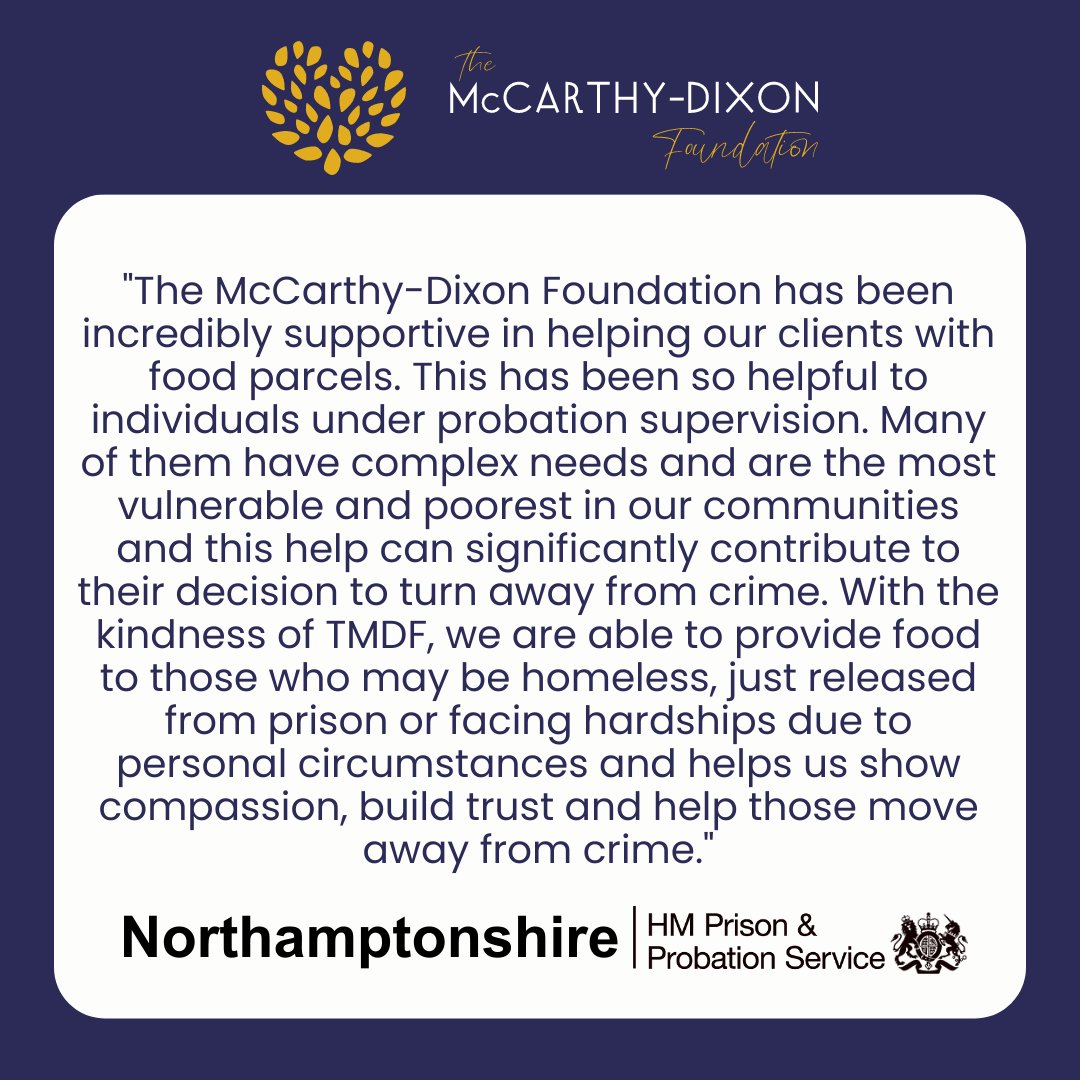 A wonderful quote from The Northamptonshire Prisons &amp; Probation Service, who we support with our food parcels! We are so glad to be able to provide vital work