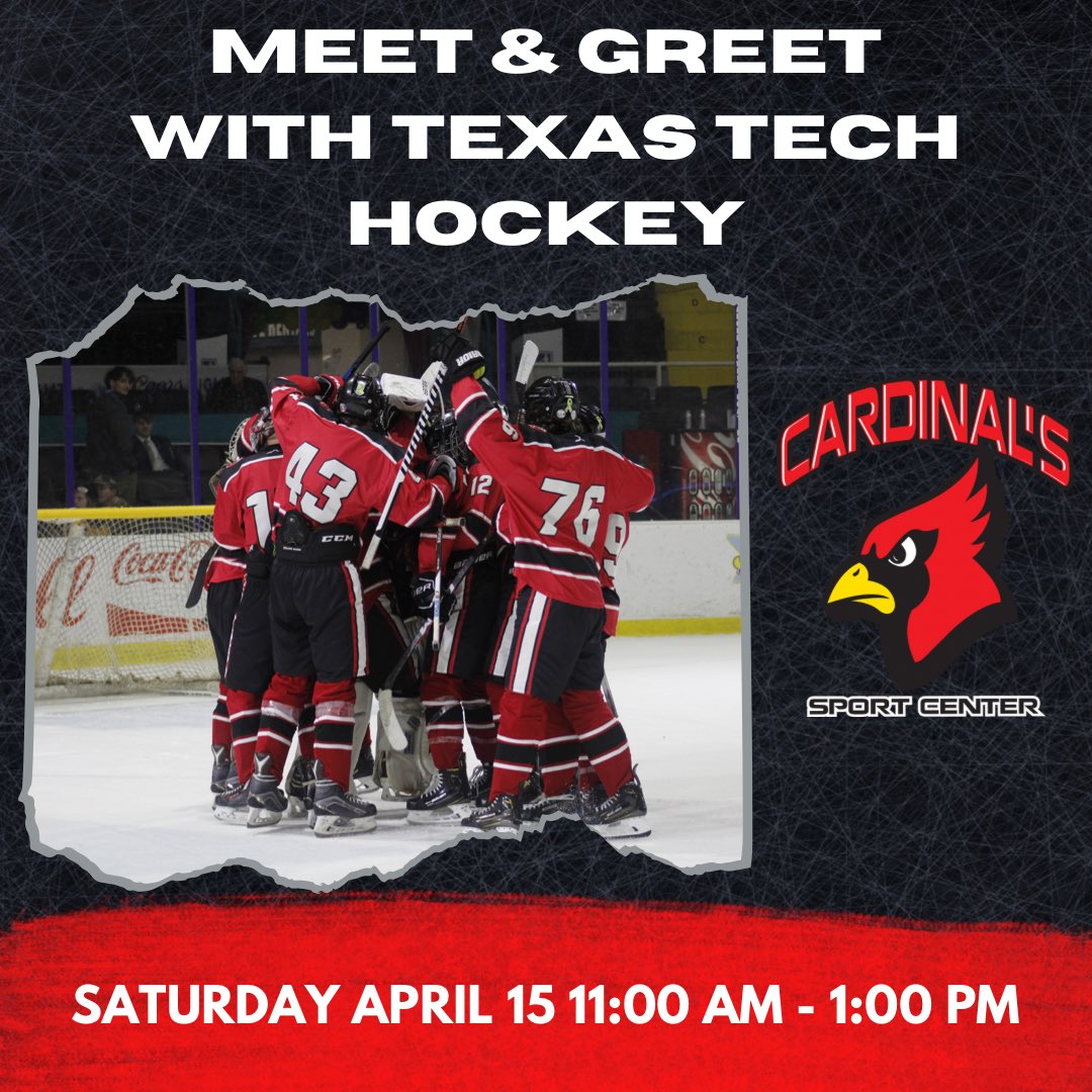 Come meet Tech Hockey Club players @Cardsportcenter We’re excited to meet some of our fans in Lubbock! #GunsUp #WreckEm #HubCityHockey #TexasTech #Hockey