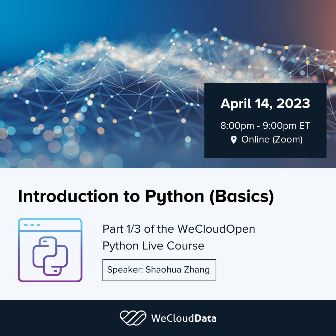 WeCloudData's tweet image. Are you looking to learn Python, but don&apos;t know where to start? ⚡ 
Join us this Friday for a free introductory Python live class. No prior experience required. Sign up today: bit.ly/3mwDzXG

#wecloudopen #freecouse #python #workshop