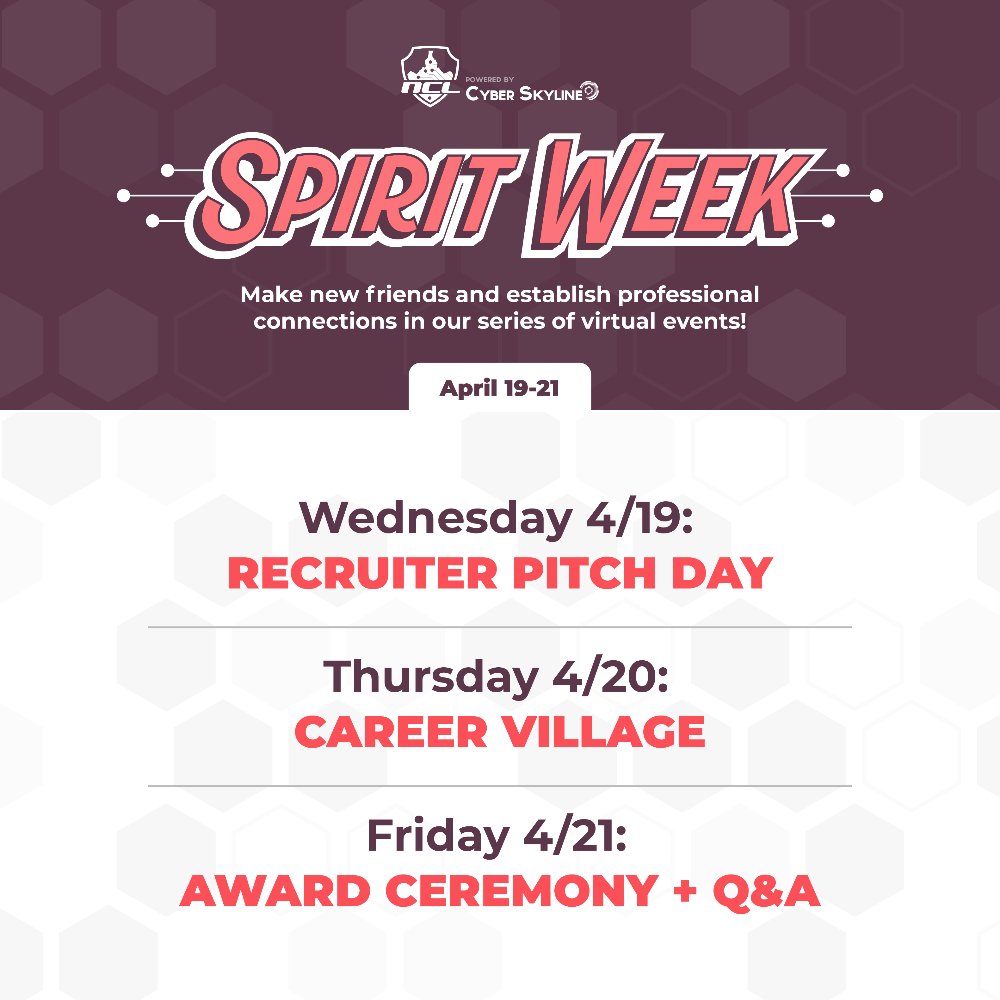 National Cyber League (NCL) (@natlcyberleague) on Twitter photo NCL Spring 2023 Spirit Week is Next Week! We will be hosting a variety of fun and resourceful events for the NCL Community to close out the Spring 2023 Season.
Check out the link for additional event details! drive.google.com/file/d/1qQqTWX… NCL Spring 2023 Spirit Week is Next Week! We will be hosting a variety of fun and resourceful events for the NCL Community to close out the Spring 2023 Season.
Check out the link for additional event details! drive.google.com/file/d/1qQqTWX…