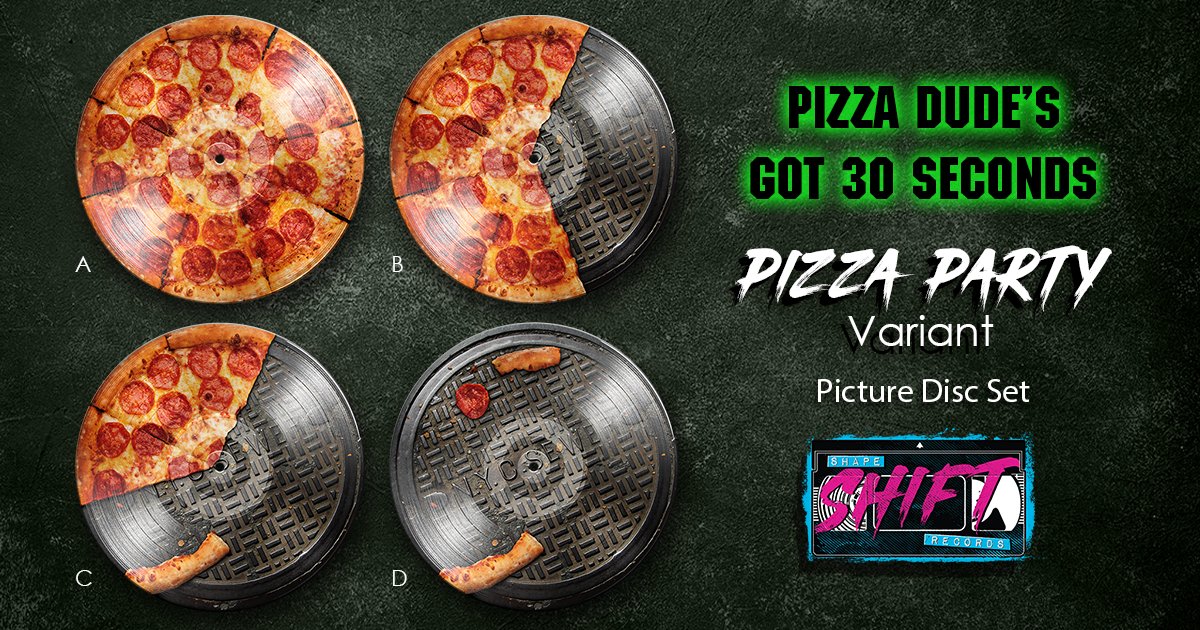 shapeshiftvinyl's tweet photo. With a Ninja Turtles album titled PIZZA DUDE's GOT 30 SECONDS, it wouldn't be right to not have a disc that looked like a pizza... Behold, our alternate picture disc variant dubbed PIZZA PARTY!  Watch your pie ninja-vanish over this 4-sided, 2LP set.

Pre-Order this April! #TMNT https://t.co/e5A4wkf9ls