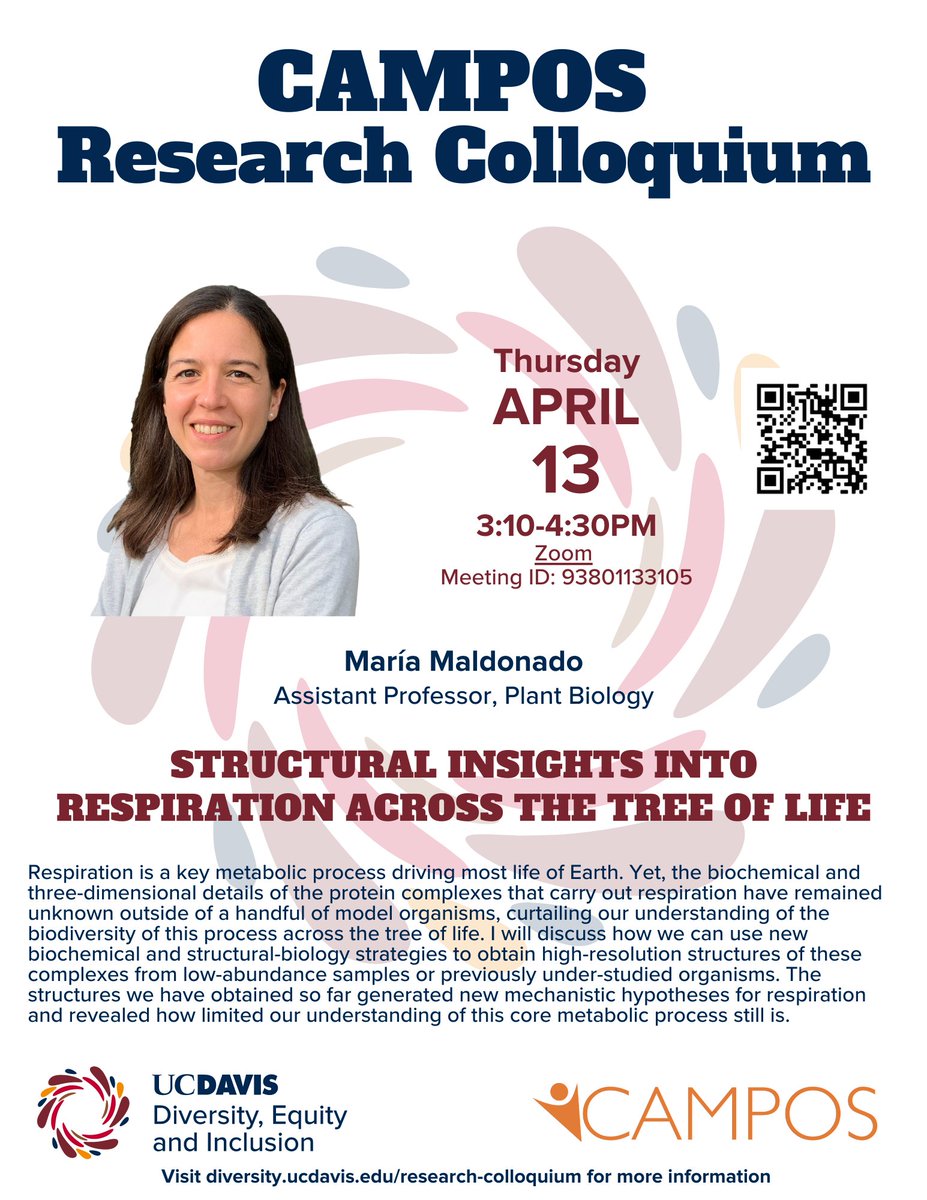 SophieBarbu's tweet photo. Join us Thursday (4/13) 3:10pm for @CAMPOSUCDavis1 colloquium ft. María Maldonado @mm5200 to hear her research on "Structural Insights into Respiration across the Tree of Life” Learn more: https://t.co/4udAPykDTw
@ucdavisbiology https://t.co/FAjsh7cQ6p