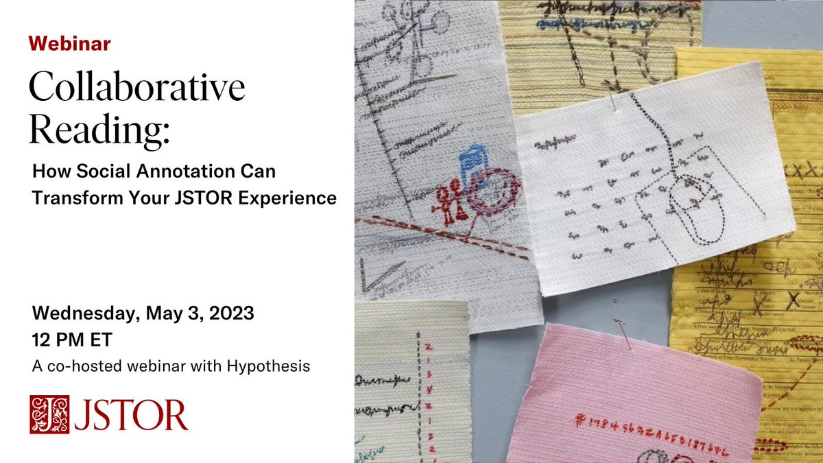 Faculty and students! 📝 Join us for a #webinar on May 3 on how to leverage @hypothes_is #SocialAnnotation to enhance your experience teaching and learning with #JSTOR in the classroom. Free registration: bit.ly/3MrkKj5

Image credit: Jiseon Lee Isbara. Scattered. 2009.
