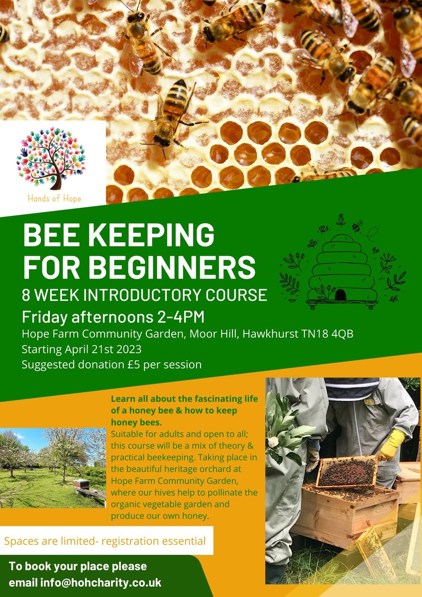 HandsofHopeUK's tweet image. A new 8 week beekeeping course for beginners starts April 21st, from 2-4pm on Fridays.
For a suggested donation of £5 per session you can join our beekeeper Aimi as she teaches you all about the life of a honey bee, through a mix of theory and practical skills.