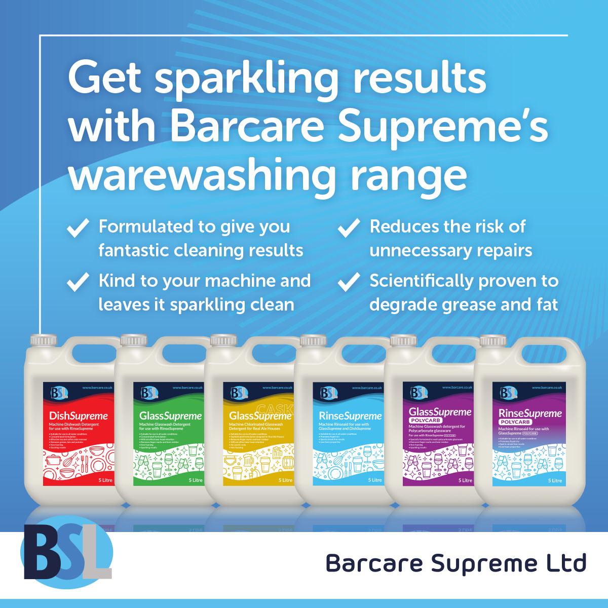 🌟TIME TO SHINE🌟
 GlassSupreme Automatic Glasswasher Detergent is specially formulated to give you
FANTASTIC, HYGIENIC, SPARKLING washing results on your glassware.
In addition, GlassSupremeis KIND to your glasswashing machine.
View the full range at.
barcare.co.uk/product-catego…