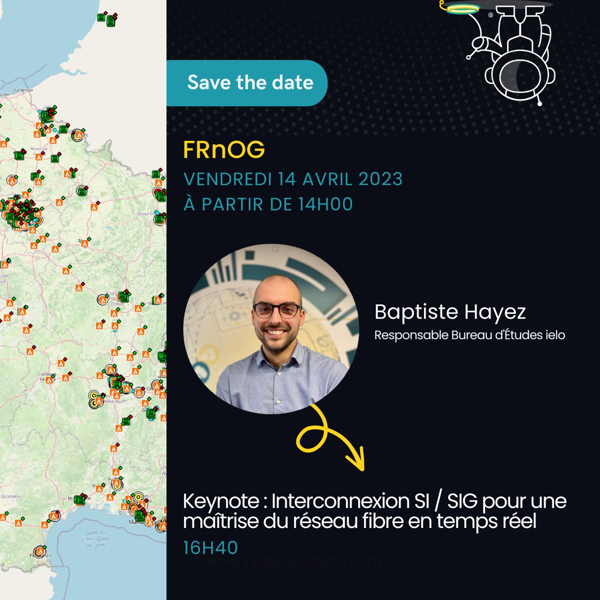 ielo_group's tweet photo. 🐸 Au prochain FRnOG, ielo ouvre la soute et vous dévoile les coulisses de ses outils SI &amp; SIG : Baptiste Hayez, responsable de notre Bureau d'Etudes, assurera une keynote sur le sujet ce vendredi. https://t.co/RlrCTO5lfn