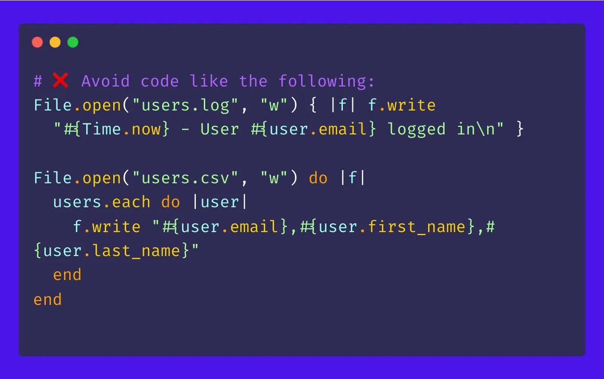 trybearer's tweet image. #Ruby tip: Try to avoid writing sensitive user data to files whenever possible—especially as plaintext. When you can’t avoid it, make sure the files are secured properly and documented according to your data policies. #appsec #datasec #security