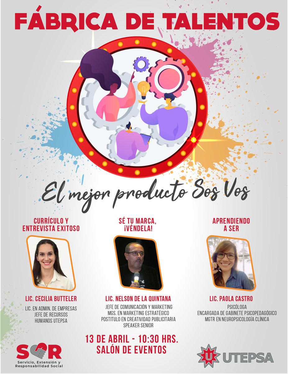 NelsonDquin's tweet photo. Jueves 13 "Fabrica de Talentos" 10:30 hrs. en salón de eventos de #UTEPSA: TIPS, consejos y herramientas para abordar una oportunidad laboral, una entrevista y CV exitoso, y la proyección de tu perfil profesional y personal.
#dosrelojesmarketing #marketingpersonal #SaberSer https://t.co/k9XAJ1P47e