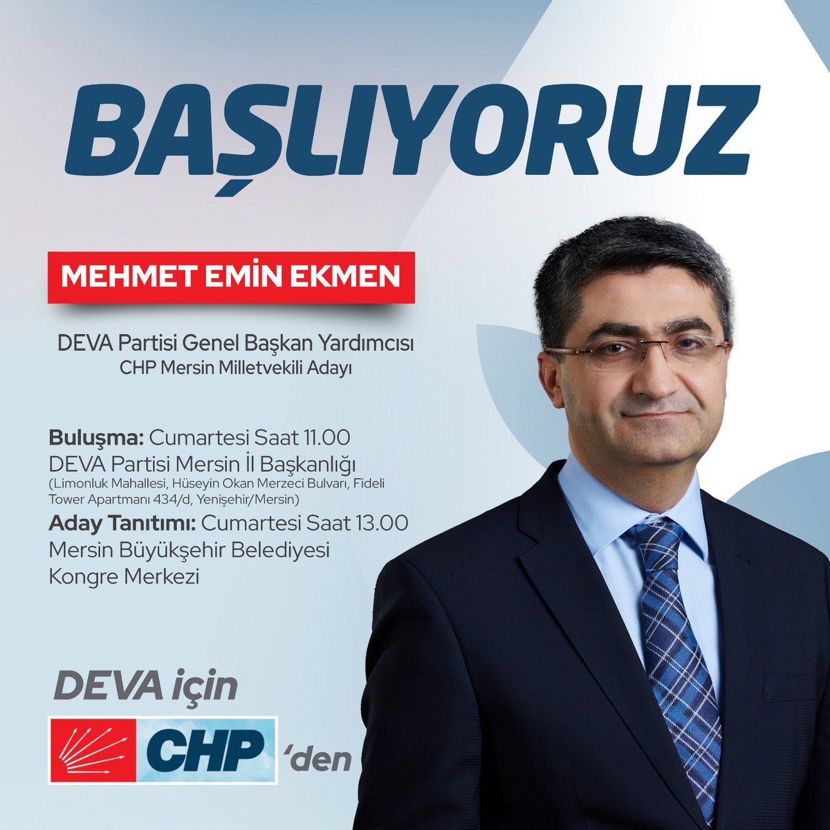 Başlıyoruz. 

Mersin’deki partili, gönüllü, dost, hemşehri ve arkadaşlarımızı aramızda görmekten onur duyarız. 

Mersin dışındakiler de yerlerine Mersin’den bir vekil gönderebilirler :)