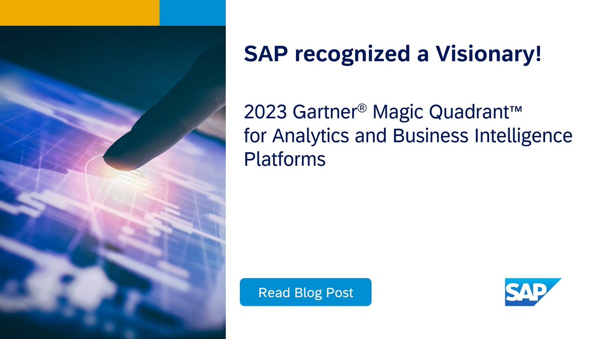 I’m very pleased to share that SAP has been recognized for another year as a Visionary in the 2023 Gartner Magic Quadrant for Analytics and Business Intelligence Platforms.

Read more and access a reprint of the report: blogs.sap.com/2023/04/12/sap…

#GartnerMagicQuadrant #GartnerDA