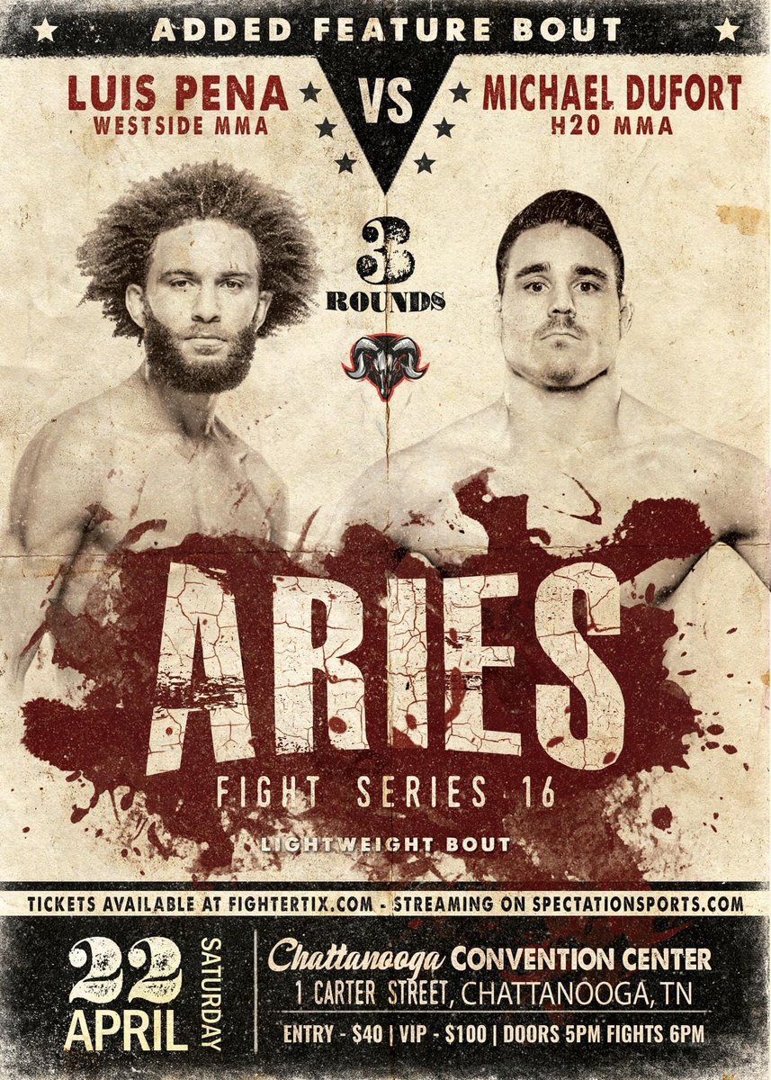 Luis Pena will once again fight 🇨🇦Lightweight Michael Dufort at Aries Fight 16 next Saturday April 22nd in Chattanooga TN. Pena & Dufort were supposed to fight last weekend at XMMA 6 before card was postponed 
#MMA #MMATwitter