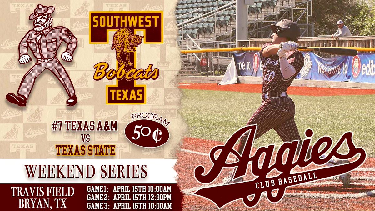 WEEKEND SERIES

Your #7 Aggies take on Texas State this weekend in our last home series‼️

#GigEm #AgsClubBaseball