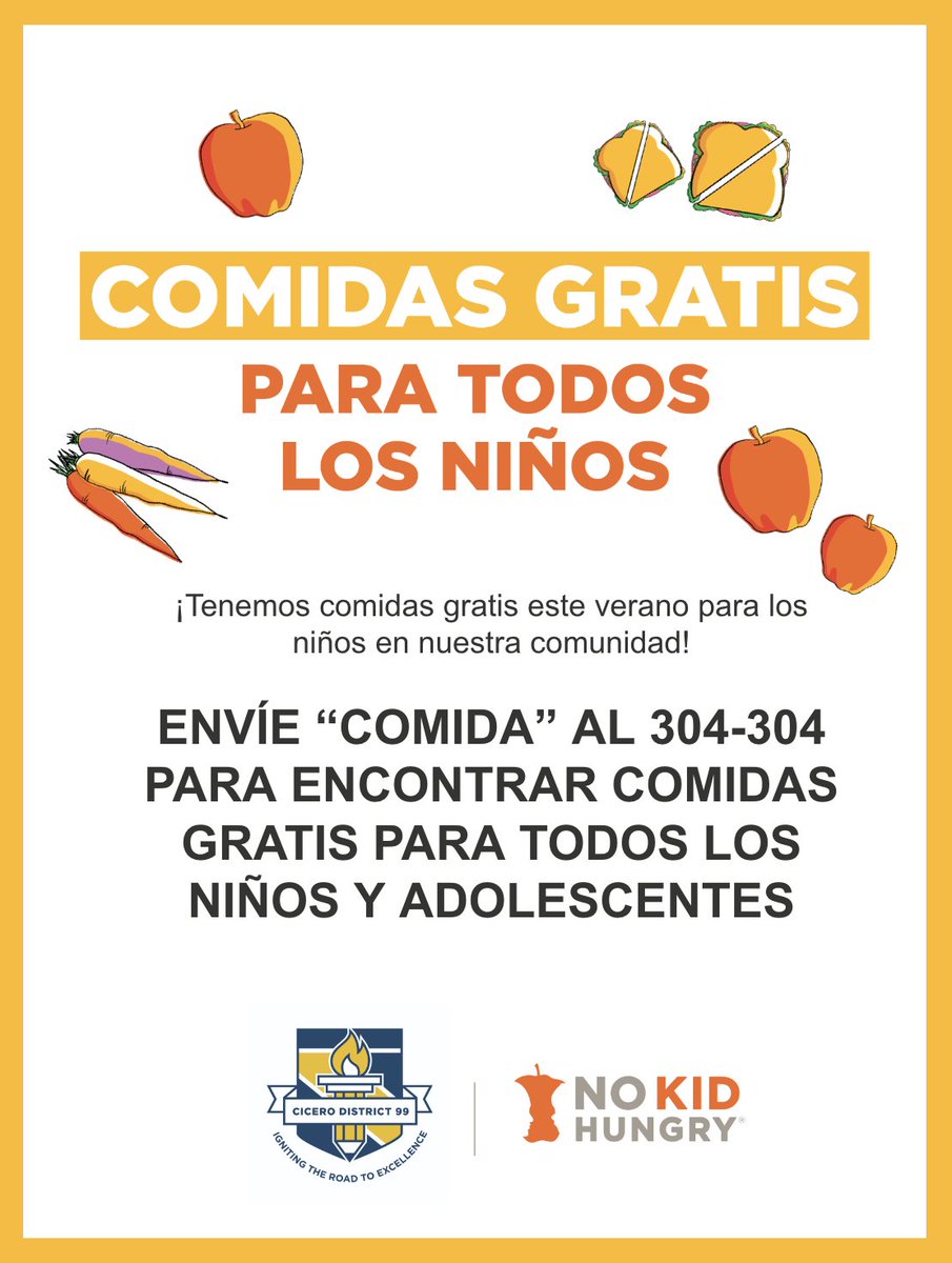 Save your family time and money with free summer meals for your kids this summer! ☀️🥪

To find meal sites near you, text FOOD to 304-304. You can also call Cicero District 99 at (708) 863-4856 for more information.

Meals are available through Tuesday, Aug. 22!