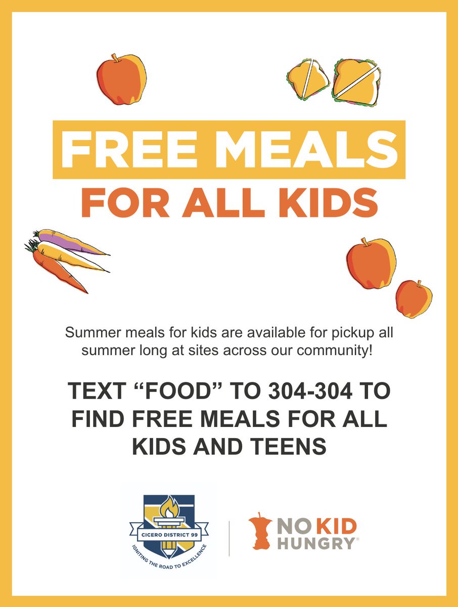 D99Cicero's tweet photo. Save your family time and money with free summer meals for your kids this summer! ☀️🥪

To find meal sites near you, text FOOD to 304-304. You can also call Cicero District 99 at (708) 863-4856 for more information.

Meals are available through Tuesday, Aug. 22! https://t.co/g1Oi2imb8c