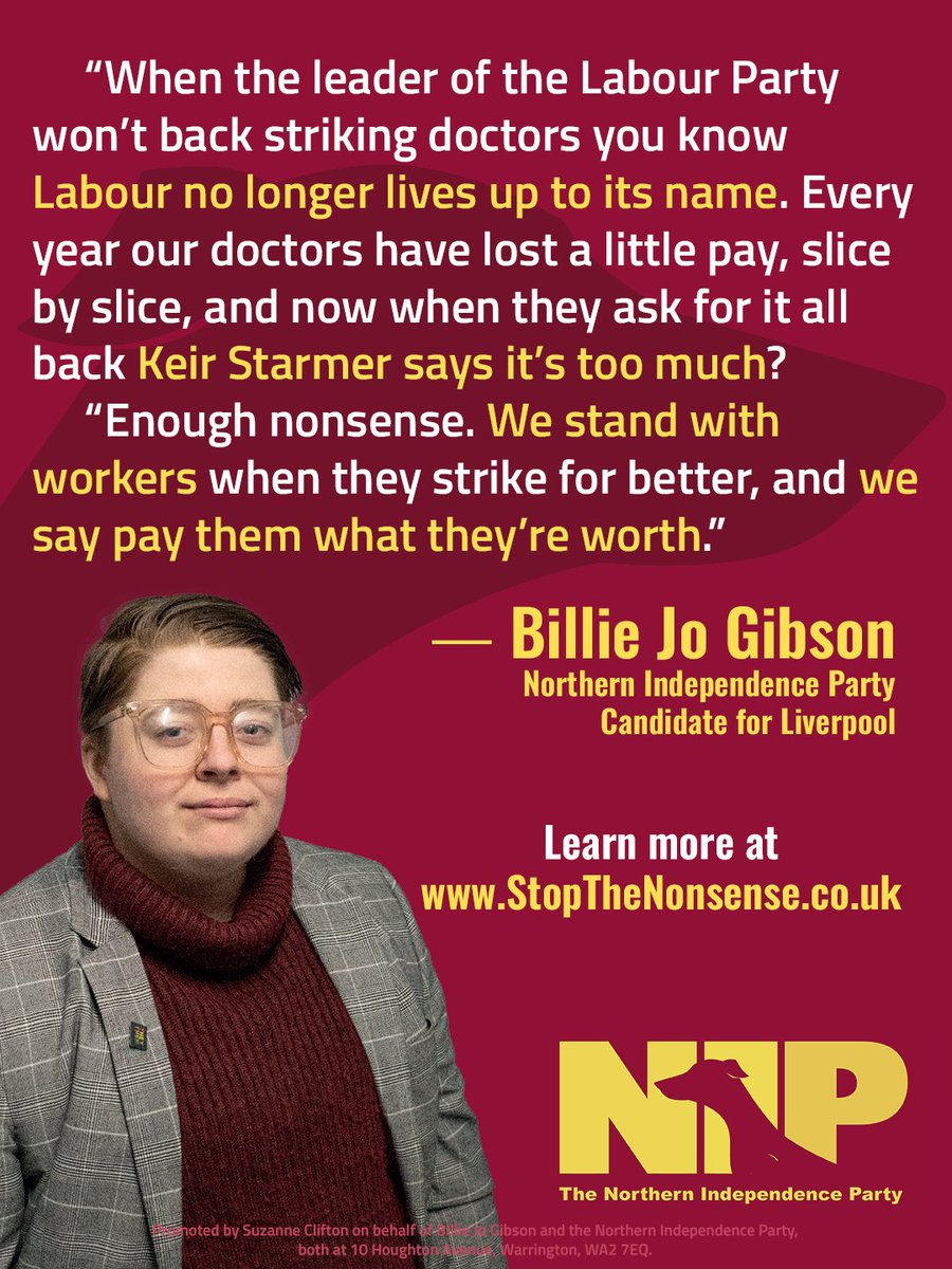 FreeNorthNow's tweet photo. Junior doctors are on strike to restore their pay after years of cuts โ
The Leader of the Labour Party, Sir Keir Starmer, does not support their demands ๐
Our candidate in Liverpool, Billie Jo Gibson, stands with doctors to #StopTheNonsense https://t.co/9eM1SCxgRJ