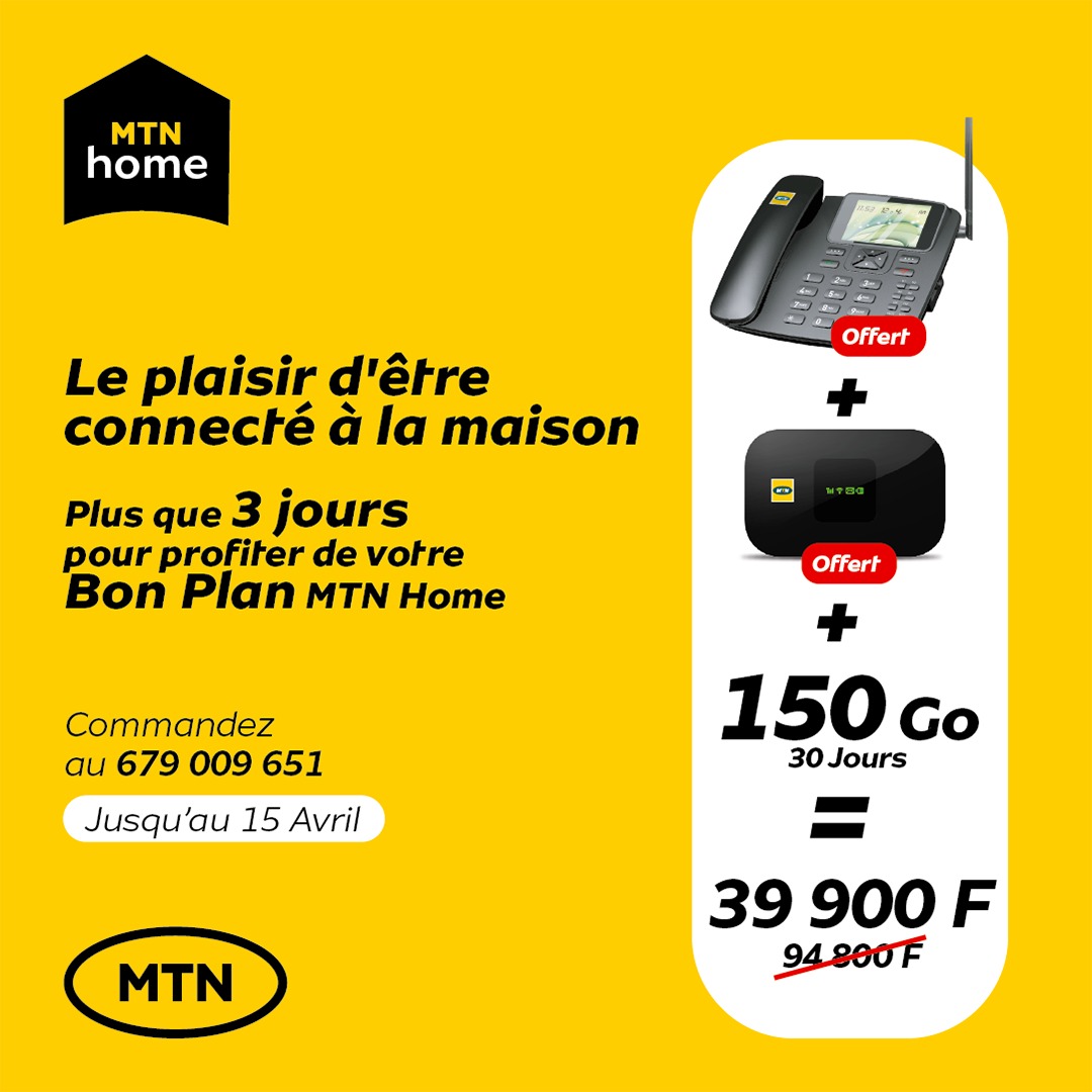 MTNCameroon's tweet photo. Pendant ces 04 jours restants pour les congés, qu'allez-vous faire à la maison sans Data?📷

MTN Home est là pour vous, profitez de 150Go à seulement 39 900F plus un modem mifi offert.

Commandez au 679009651.
PS: Offre valable uniquement jusqu'au 15 Avril.
 #ReseauIndomptable https://t.co/SCG8ixVgTA