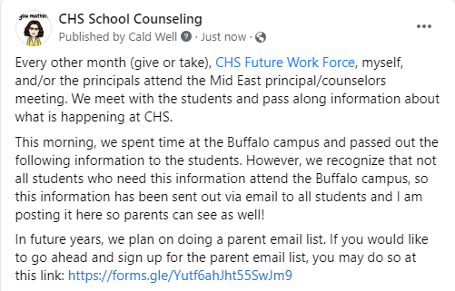 MrsWellsCHS's tweet photo. CHS Updates!

@CHS_WorkForce @school_caldwell 

In future years, we plan on doing a parent email list. If you would like to go ahead and sign up for the parent email list, you may do so at this link: https://t.co/pnwTLalKDf https://t.co/chufyotoOv