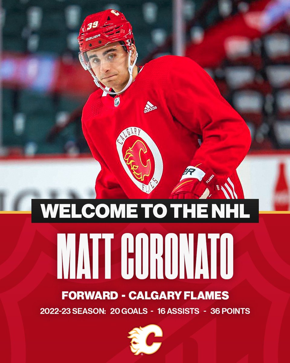 NHL's tweet photo. HE'S IN 🔥 

2021 13th overall pick Matt Coronato will make his long-awaited NHL debut tonight for the @NHLFlames!

Welcome to the NHL, Matt!

📺: 10p ET on @NHL_On_TNT https://t.co/t16apwzAuR