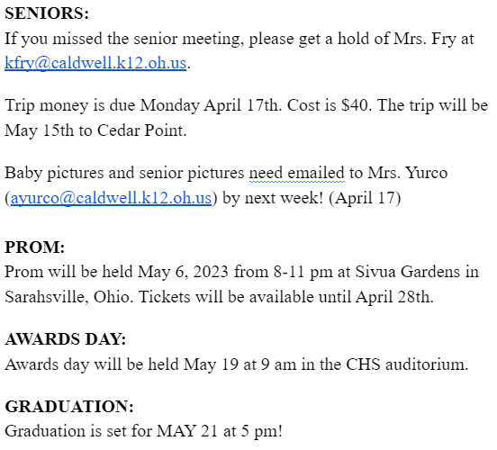 MrsWellsCHS's tweet photo. CHS Updates!

@CHS_WorkForce @school_caldwell 

In future years, we plan on doing a parent email list. If you would like to go ahead and sign up for the parent email list, you may do so at this link: https://t.co/pnwTLalKDf https://t.co/chufyotoOv