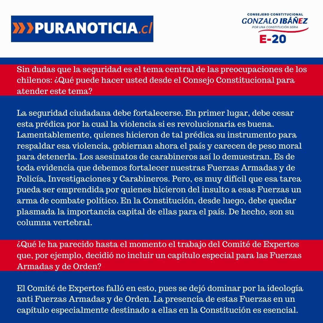 GonzaloIbanez45's tweet photo. PURA NOTICIA📌

Comparto con ustedes entrevista en el portal Pura Noticia.

Cuéntenme que les parece🔍

@puranoticia_chile 

#GonzaloIbanez #E20 #ConsejeroConstitucional #RegióndeValparaíso #Seguridad #Emprendimiento https://t.co/nNP5B2RuS1