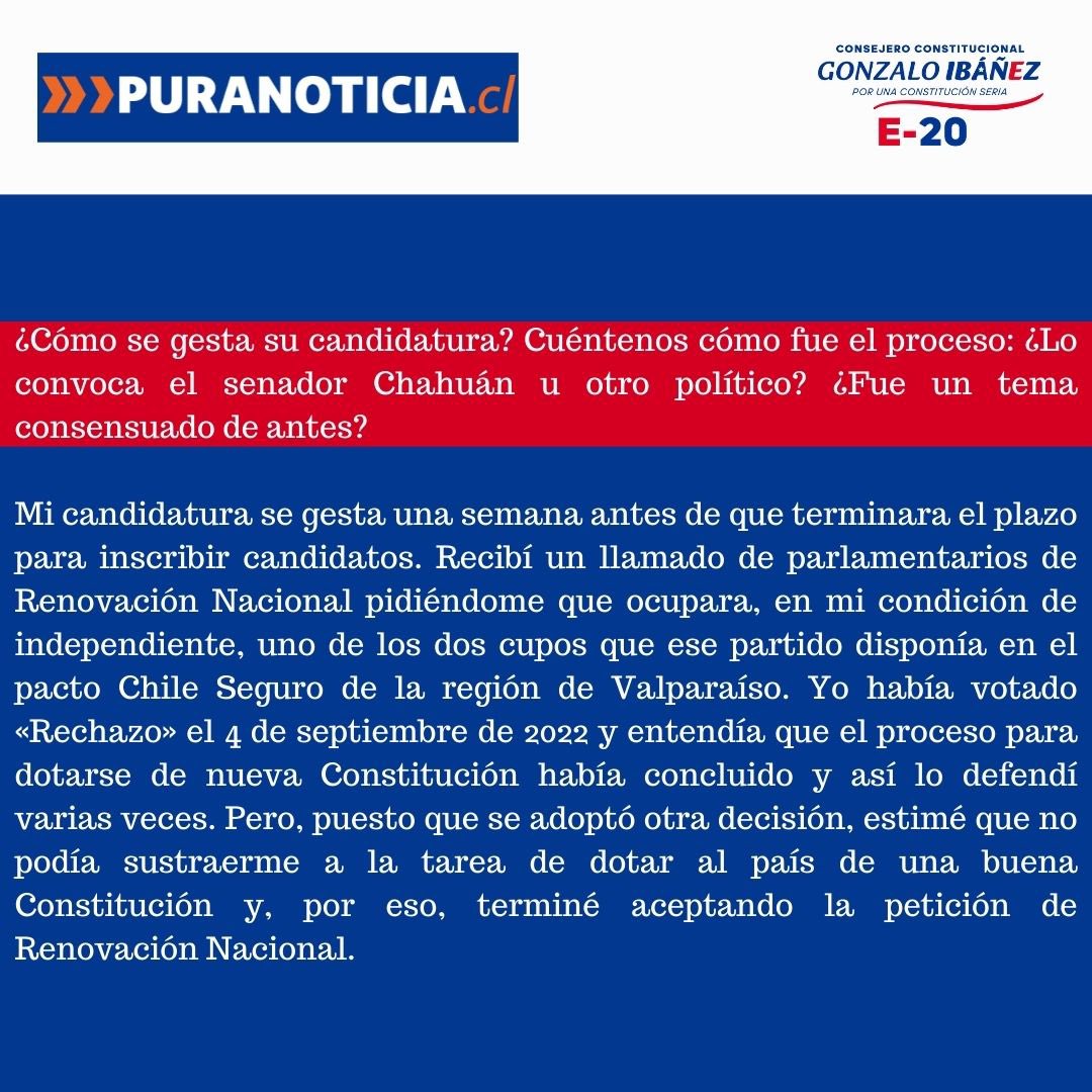 GonzaloIbanez45's tweet photo. PURA NOTICIA📌

Comparto con ustedes entrevista en el portal Pura Noticia.

Cuéntenme que les parece🔍

@puranoticia_chile 

#GonzaloIbanez #E20 #ConsejeroConstitucional #RegióndeValparaíso #Seguridad #Emprendimiento https://t.co/nNP5B2RuS1