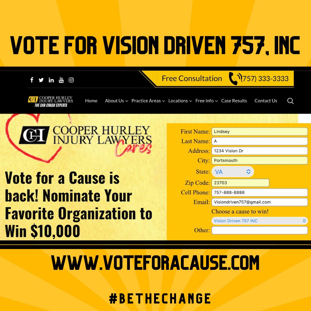 visiondriven757's tweet photo. Vote for VISION DRIVEN 757, INC!

Vote for a Cause presented by Cooper Hurley Injury Lawyers is giving away up to $10,000 dollars to the organization with the most votes and we need your help! Go to https://t.co/phs76b8ofV and vote for Vision Driven 757

#bethechange https://t.co/xBdQteuAiN