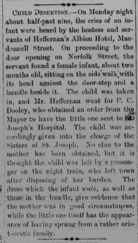 The Albion Baby
Dateline: Guelph,
June 2, 1874. 
I've heard of leaving a baby on a doorstep. At a fire station. At a hospital... 
But the Albion?  
#Guelph, #guelphhistory, @GuelphHistSoc , @guelphmuseums