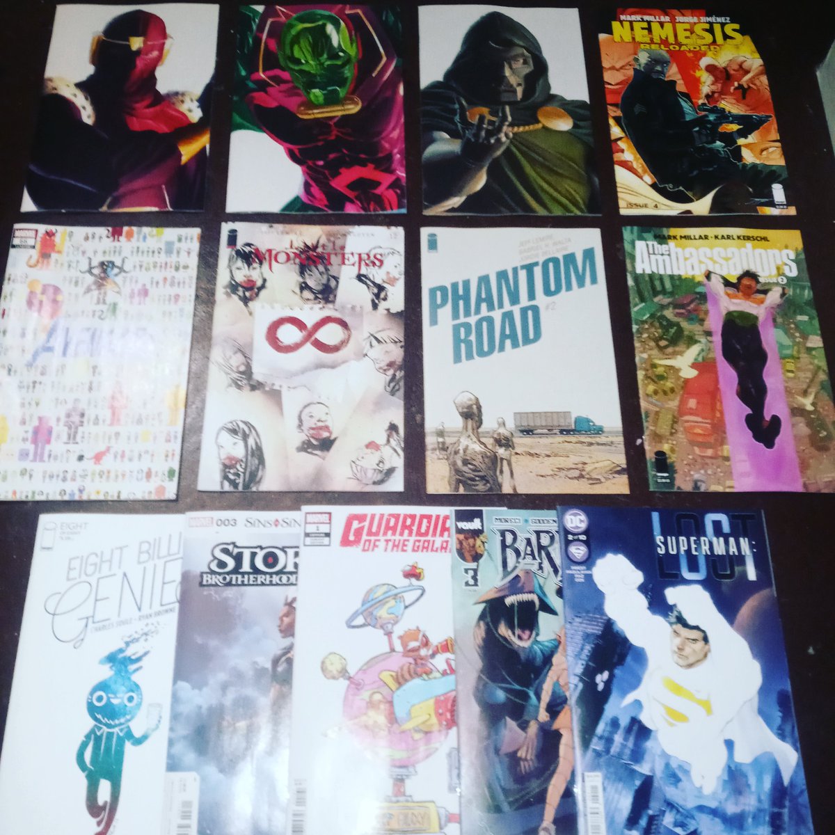 #newcomics
#happybirthdaytome
#barbaric #3
#supermanLost #2
#StormBrotherhood #3
#Avengers #66 8byt*
#LittleMonsters #12
#PhantomRoad #2
#FantasticFour #6 Ross
#TheAmbassadors #2
#NemesisReloaded #4
#EightBillionGenies 8/8
#CaptAmerica coldwar* Ross*
#GauardiansOfTheGalaxy #1 x2