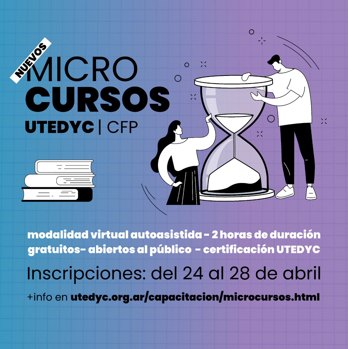 UTEDYCNacional's tweet photo. #MicroCursos | Lanzamiento de los nuevos Microcursos

Ya podés acceder a está nueva modalidad. 

- Cómo hacer un Curriculum Vitae efectivo
- Derribando prejuicios sobre género | Ley Micaela

Más información e inscripciones: https://t.co/CaE9lJKM5y https://t.co/jFoceIBzgO