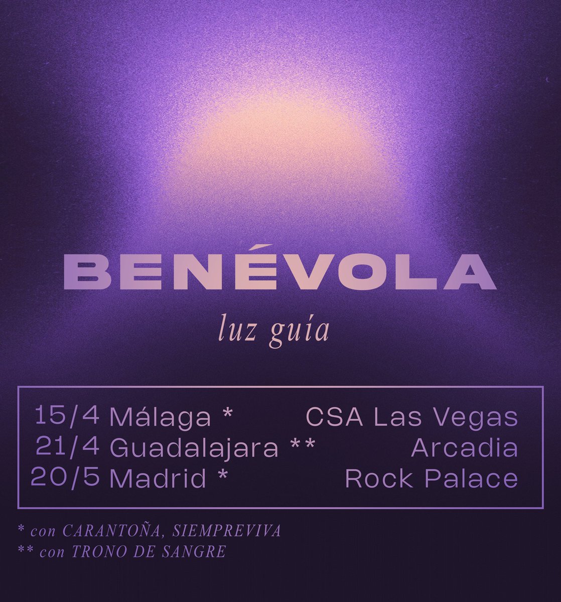 Esta primavera tendremos la suerte de presentar 𝗟𝗨𝗭 𝗚𝗨𝗜𝗔 en directo en Madrid, Málaga y Guadalajara 🌺✨✨

Muy agradecidos con toda la gente que lo está haciendo posible. Nos vemos pronto 🌠