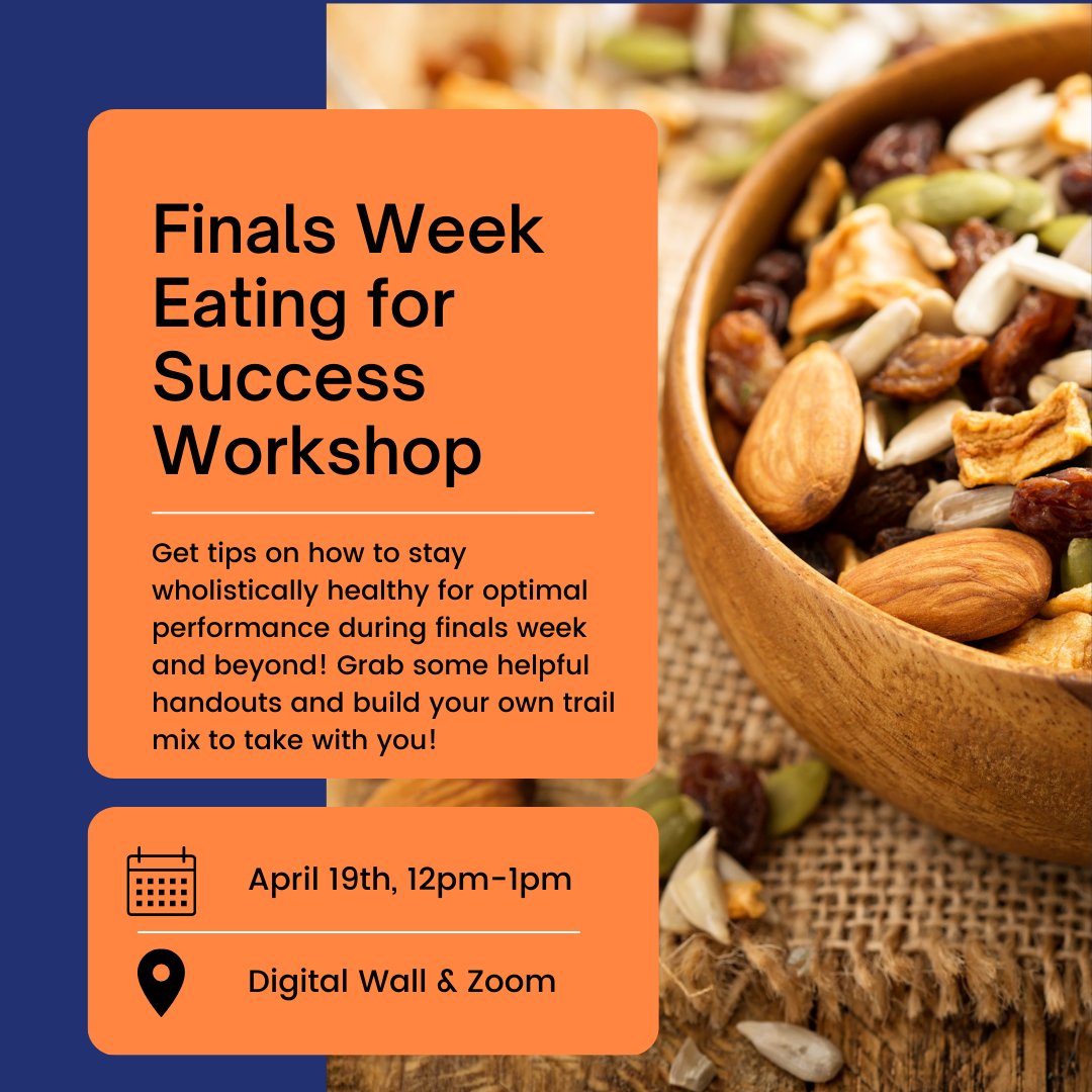 PacificLibrary's tweet photo. Join our campus Dietitian on Wed., April 19th, 12pm-1pm for tips on how to stay wholistically healthy for optimal performance during finals week & beyond! Grab some helpful handouts and build your own trail mix to take with you! In-person and online. #UOPacific #pacificlibraries https://t.co/grbqcGdtoO