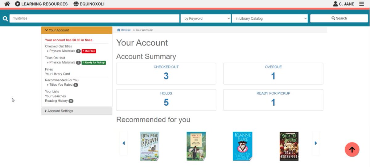 EquinoxOLI's tweet photo. Example of what the patron account looks like when #AspenDiscovery is integrated w/ @EvergreenILS. It can also be integrated seamlessly with @kohails. #evgils #kohails #equinoxEDU #DiscoveryLayer https://t.co/cjMnCmYUgE
