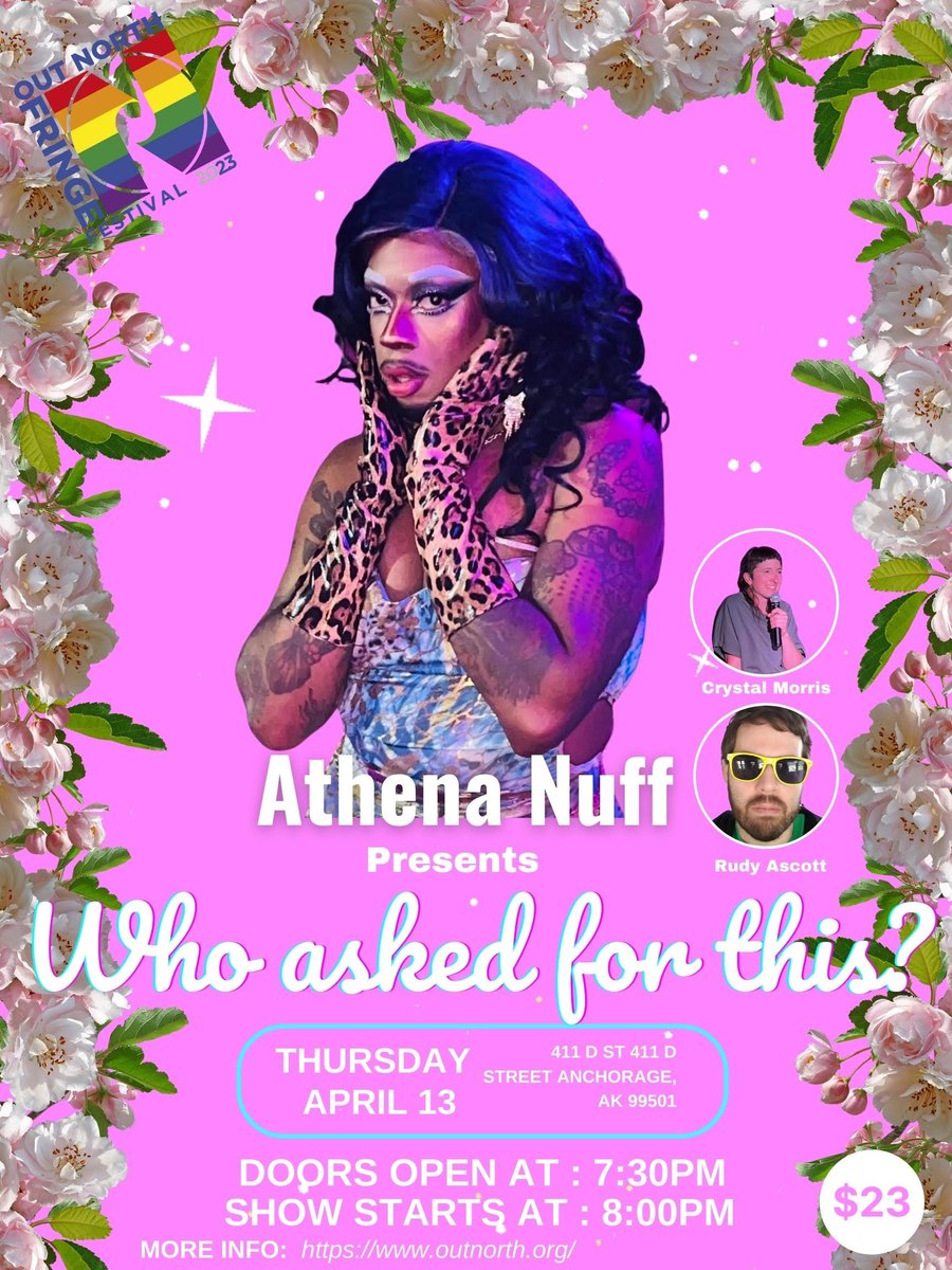 StandUpAK's tweet photo. Tomorrow is the next show in the Out North Fringe Festival!!!
Athena Nuff presents: Who asked for this? with special guests Crystal Morris and Rudy Ascott!
Ticket Link: https://t.co/ZI6ITI5iXz
#standupcomedy #akdragartist #akcomedy #AthenaNuff #OutNorth #drag https://t.co/gEaGtnSHst