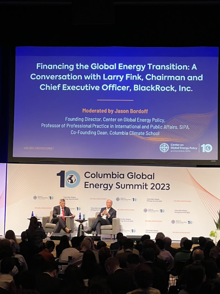 BlackRock’s Larry Fink discussing economic issues ahead as a function of the prolonged period of low interest rates we have been in (for far too long). A factor that needs to be considered re: Energy Transition #GlobalEnergySummit 
@ColumbiaUEnergy @JasonBordoff