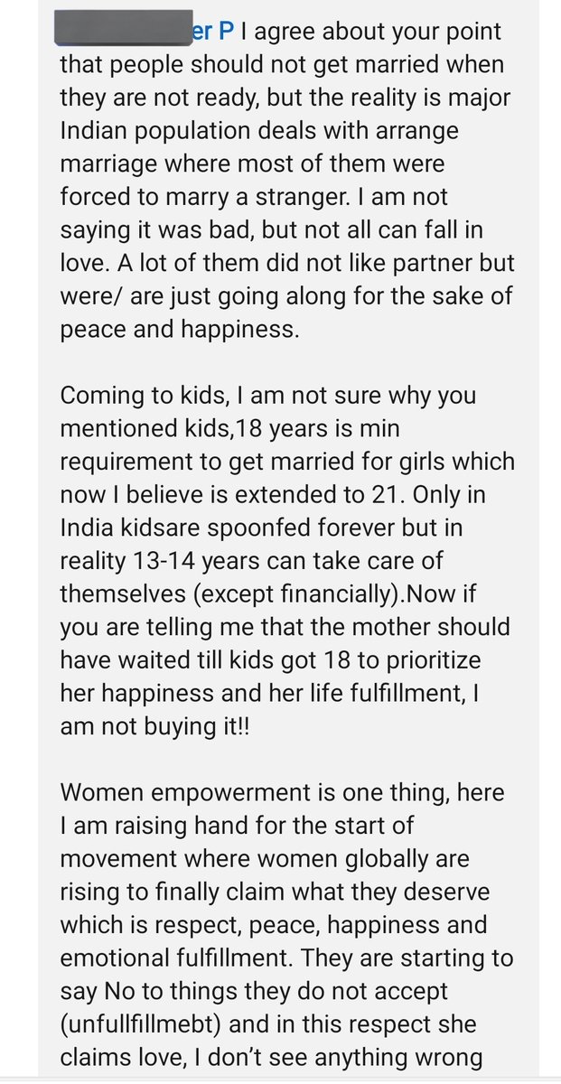 I posted a video about a woman abandoning her minor daughters &amp; husband for lover after 15 years of marriage. It was a disturbing video where kids were begging mother to come back.

This feminist posted her thoughts on the same. Can men do anything for "fulfillment" ?
