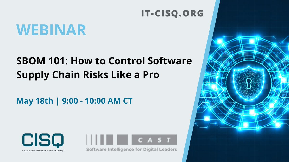 SW_Intelligence's tweet image. Join CISQ and CAST on May 18th at 10am ET as we dive into how Software Component Analysis (SCA) is key to having an up-to-date Software Bill of Materials (SBOM). Register now: hubs.la/Q01KT6q-0 #softwareintelligence #CISQ #SBOM