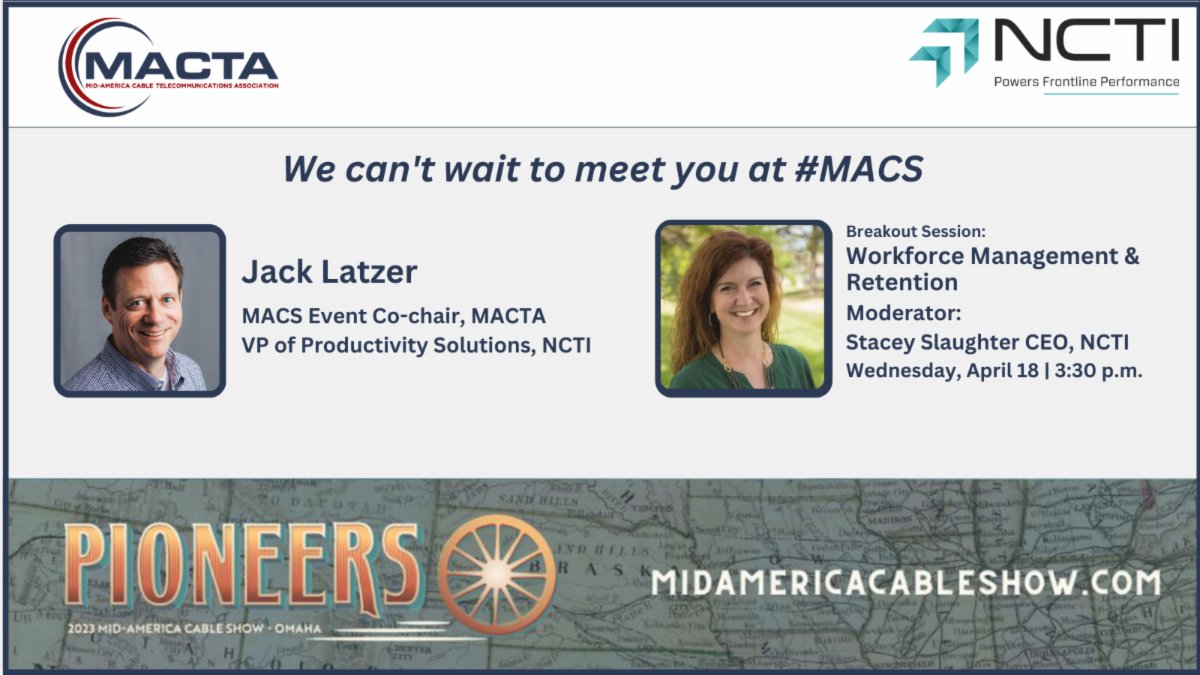 NCTItraining's tweet photo. We're looking forward to #MACS in less than a week! NCTI is a proud supporter of MACTA's Mid-America Cable Show, with our own Jack Latzer serving as this year's MACS event co-chair, and our CEO, Stacey Slaughter, moderating a breakout session. #NCTItraining #NCTIlearning #MACS https://t.co/f25GHgrfFO