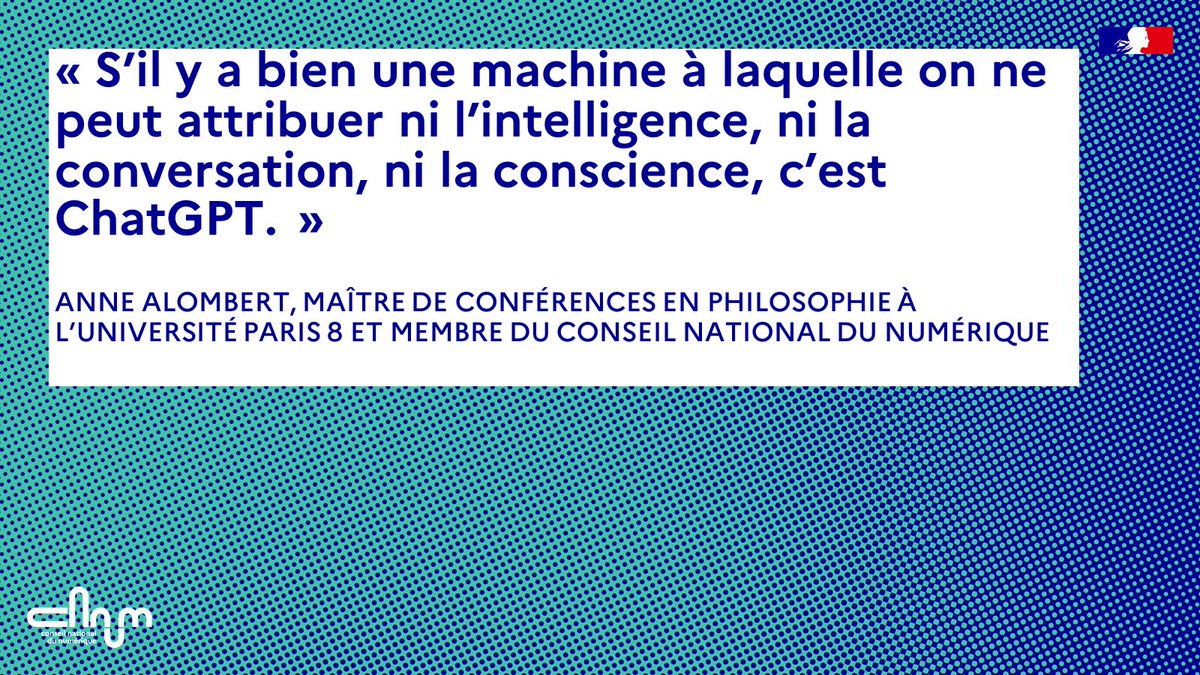 #Parolesde

Comment penser #ChatGPT ?

De l’hégémonie du calcul au risque de défiance généralisée, Anne Alombert appelle à s’interroger sur l’avenir de nos civilisations numériques, à plus de transparence et à la diffusion d'une culture technique.

👉 cnnumerique.fr/comment-penser…
